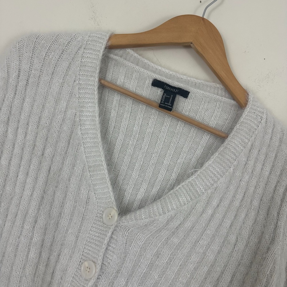 Forever 21 Crop Cardigan Sweater Cream Ribbed Knit Y2K VTG Preppy Womens M